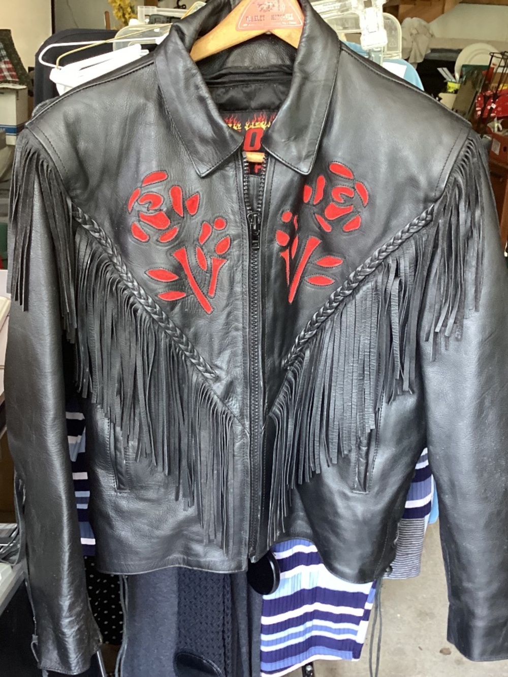 Women’s Medium Black with red rose inlay Leather Motorcycle Jacket, Fringed